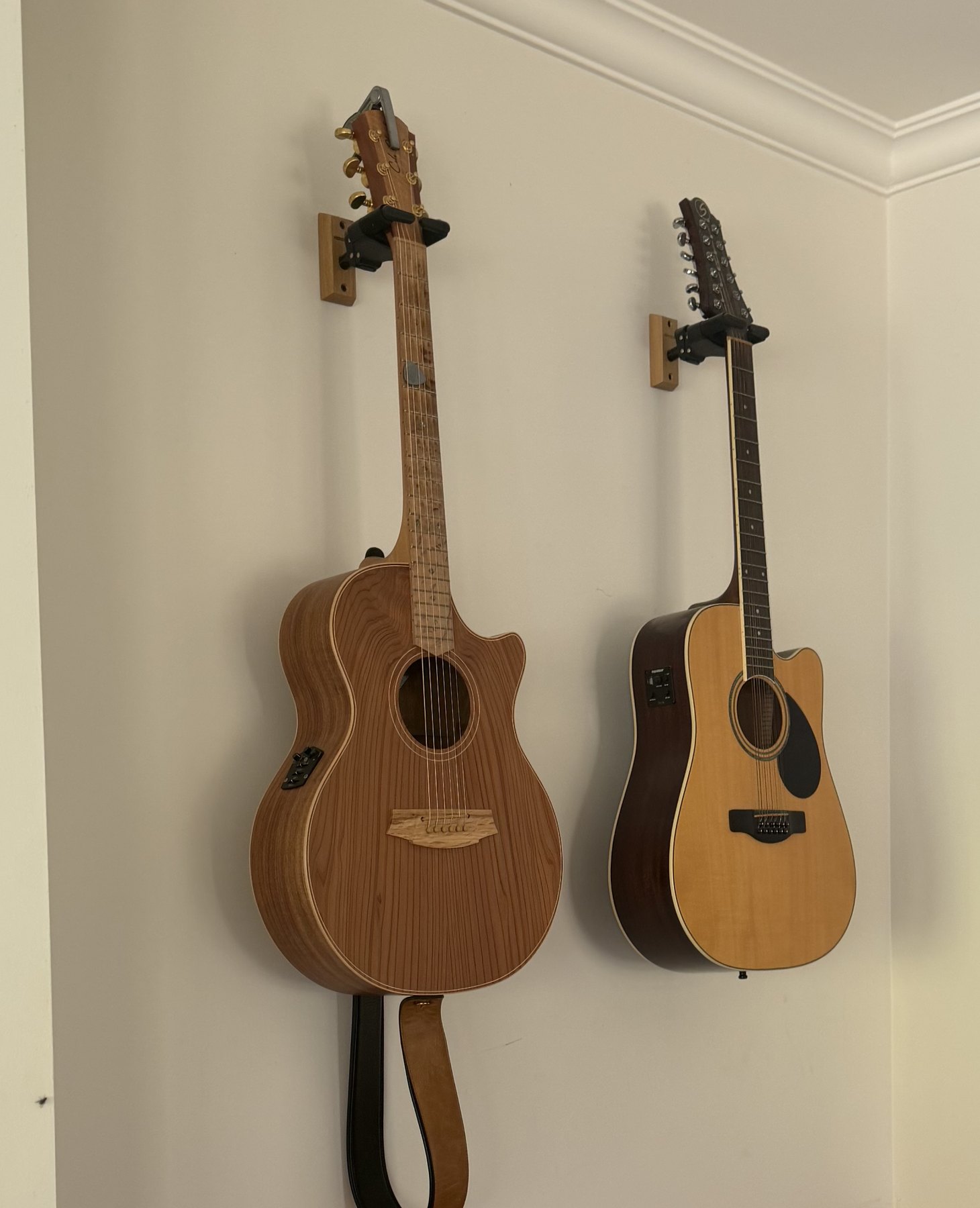 A Cole Clark Angel 2 and a twelve string acoustic hanging on a wall