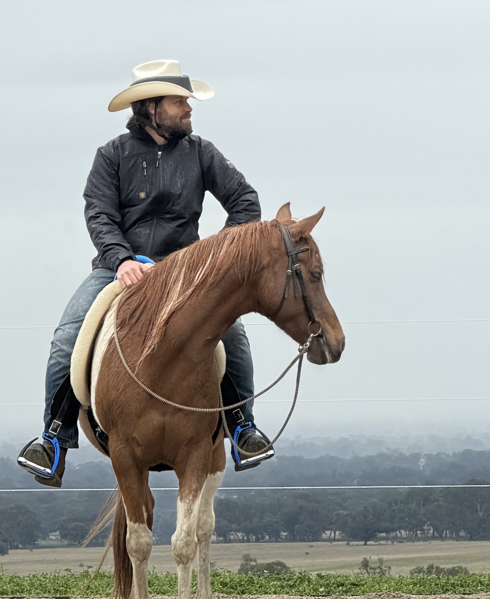 Mark Follett on horseback in fog at Locksley